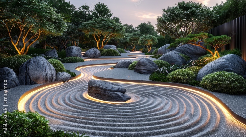 A serene zen garden with a winding pathway, illuminated by soft yellow lights and surrounded by large stones. AI generative. . A serene zen garden with a winding pathway, illuminated by soft yellow lights and surrounded by large stones. AI generative. .