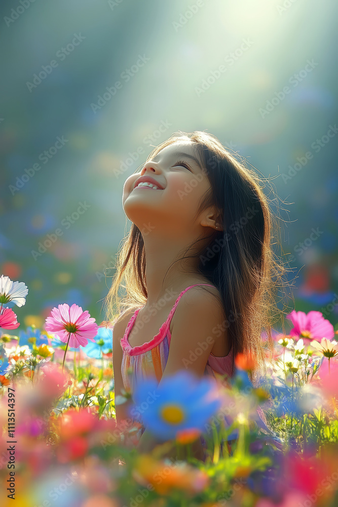 Naklejka premium A positive, smiling girl sitting on a sunlit meadow . AI generative.