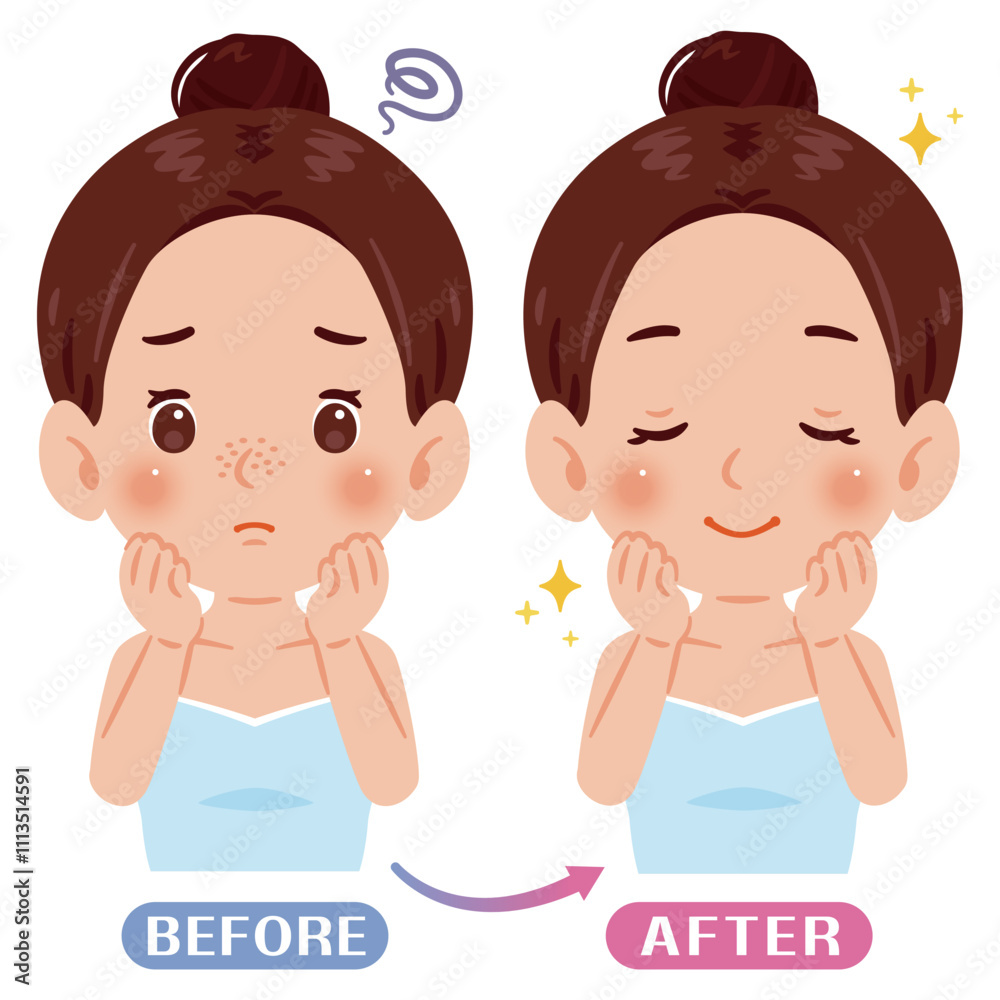 鼻の毛穴に悩む女性のビフォーアフターイラスト 鼻の毛穴に悩む女性のビフォーアフターイラスト