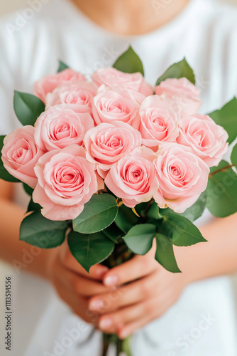 Fresh pink roses held delicately by a person in a light shirt, perfect for special occasions or simply to brighten someone\'s day. floristry, making a bouquet photo