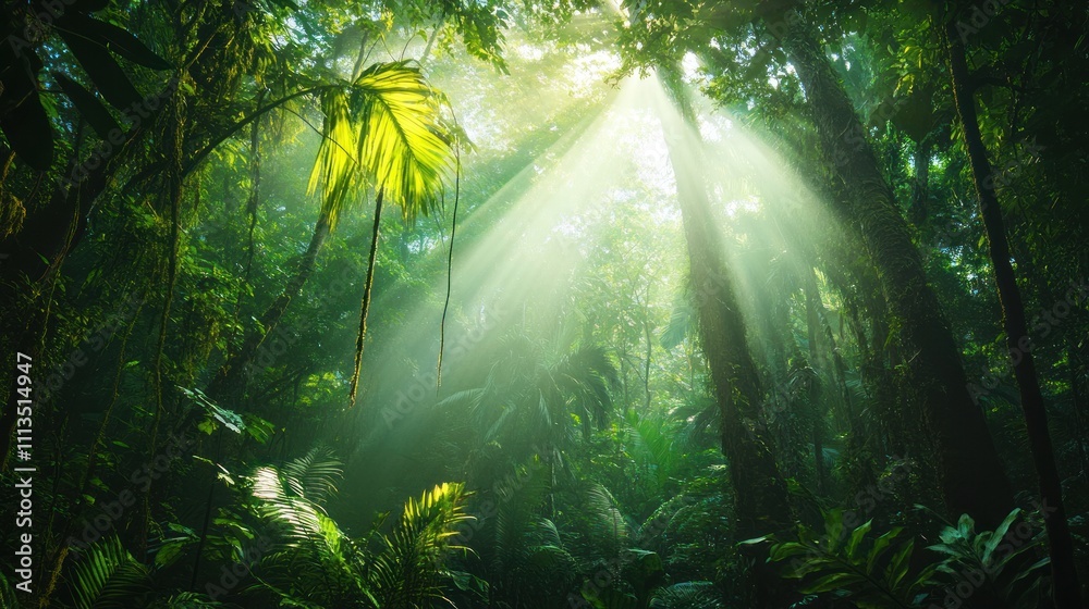 Obraz premium Sunbeams Illuminating Lush Rainforest