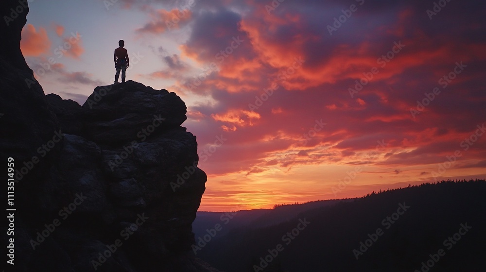 Person standing on a rock formation overlooking a dramatic sunset. Person standing on a rock formation overlooking a dramatic sunset.