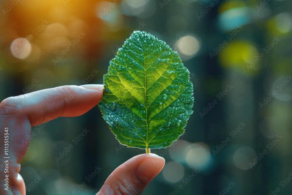 A single green leaf held up by two fingers, with a blurred green background. AI generative. .