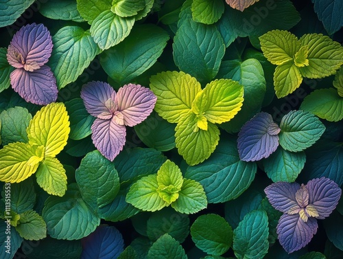 Spurflower ornamental plant, Plectranthus ambiguus Nico purple and green leaves texture background photo