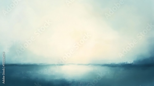 Serene misty landscape with soft light illuminating a calm body of water and distant land.