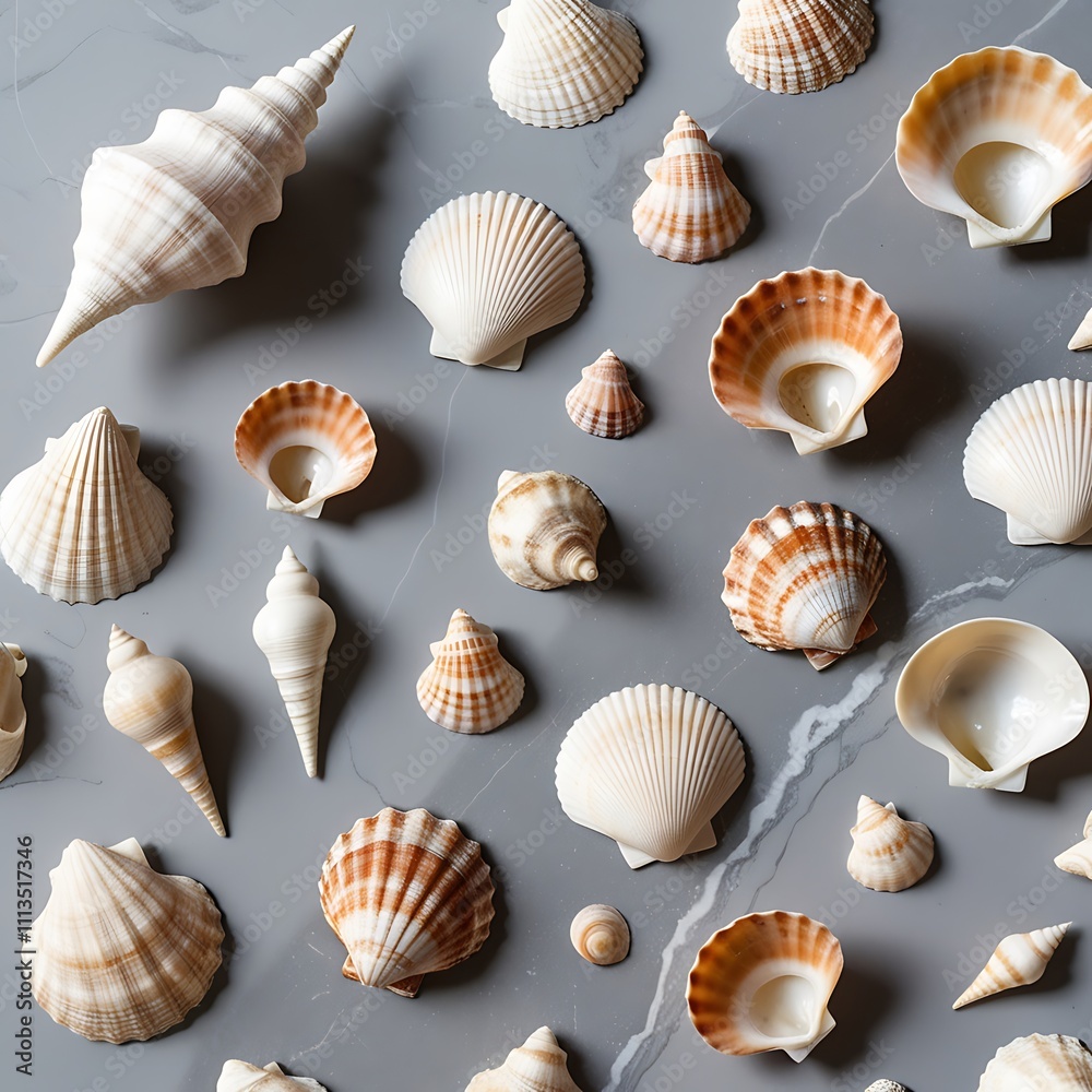 Different kind of seashells next to each other in random shapes and colors, sea creatures with gray background Different kind of seashells next to each other in random shapes and colors, sea creatures with gray background