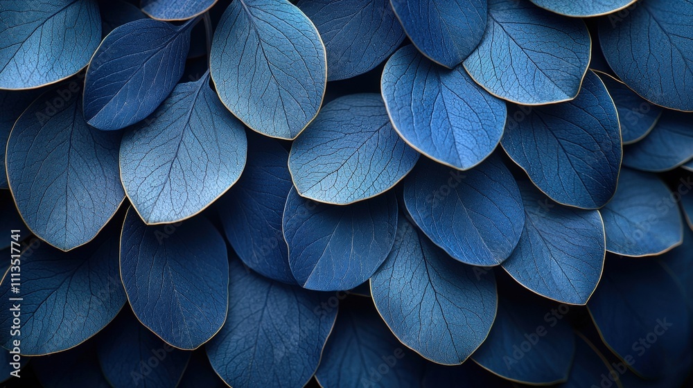 Close-up of vibrant blue leaves with intricate veins and gold edges Close-up of vibrant blue leaves with intricate veins and gold edges