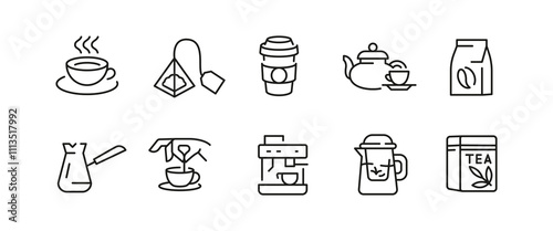 Tea and coffee icons. Set of 10 trendy minimal coffee and tea icons. Coffee Beans, Matcha, Green Tea, Mug. For branding tea shops, coffee houses, and beverage products. Vector illustration