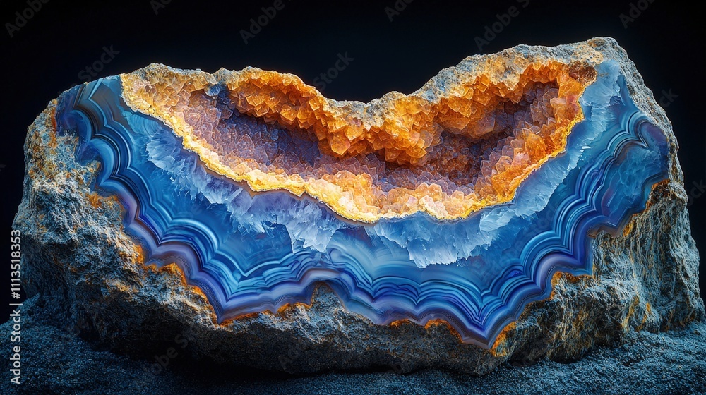 Vibrant blue and orange agate geode with stunning crystal layers Vibrant blue and orange agate geode with stunning crystal layers