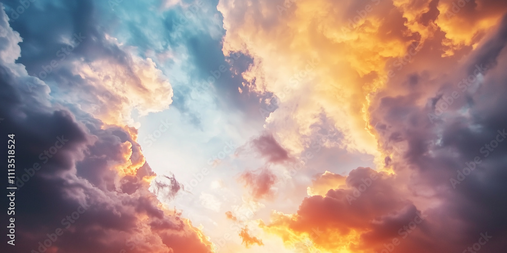 dramatic sky with vibrant colors showcases beauty of nature elements, blending fiery orange and cool blue hues in stunning display