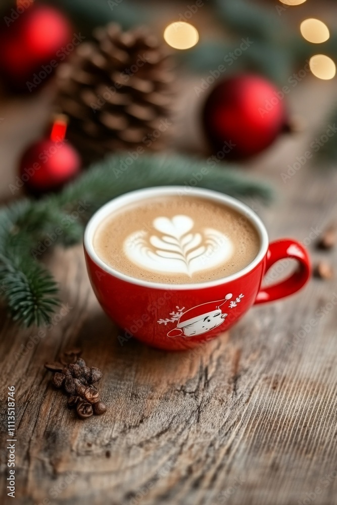 Fresh cup of hot latte coffee on coffee shop counter top. Christmas themed cup. background decorated with christmas lights and deco. Fresh cup of hot latte coffee on coffee shop counter top. Christmas themed cup. background decorated with christmas lights and deco.