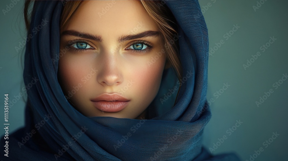 Portrait of woman with blue eyes and scarf capturing intense gaze Portrait of woman with blue eyes and scarf capturing intense gaze