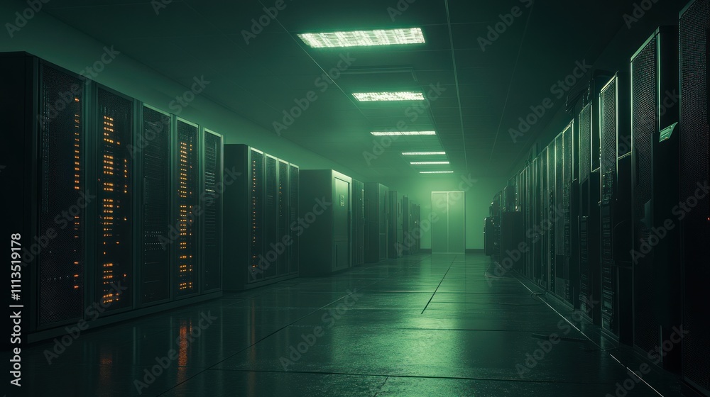 Dark Server Room Corridor With Illuminated Racks Dark Server Room Corridor With Illuminated Racks