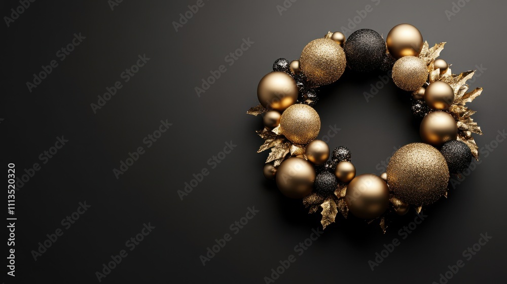 Elegant Gold and Black Christmas Wreath on Dark Background Elegant Gold and Black Christmas Wreath on Dark Background