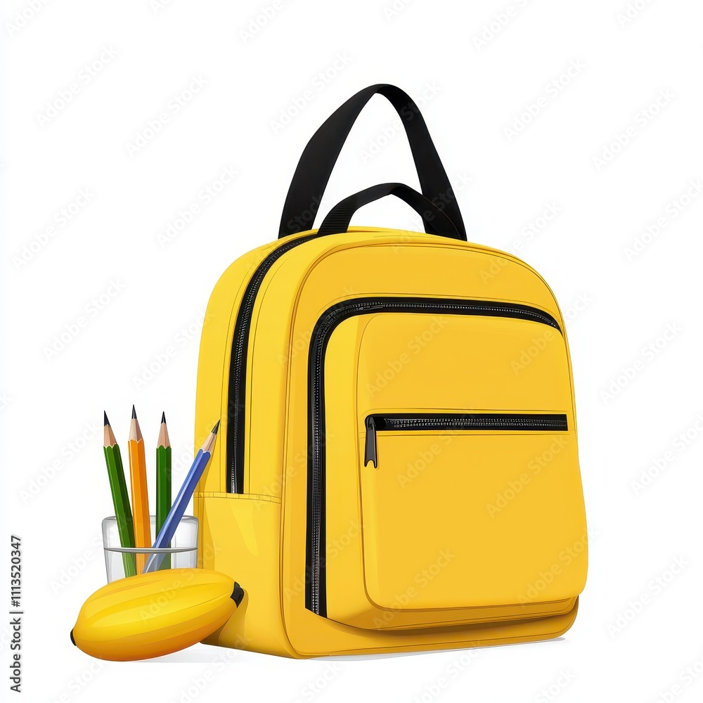 Bright Yellow Backpack with Stationery Items including Pencils and a Pencil Case on a White Background, Perfect for School or Office Use Bright Yellow Backpack with Stationery Items including Pencils and a Pencil Case on a White Background, Perfect for School or Office Use