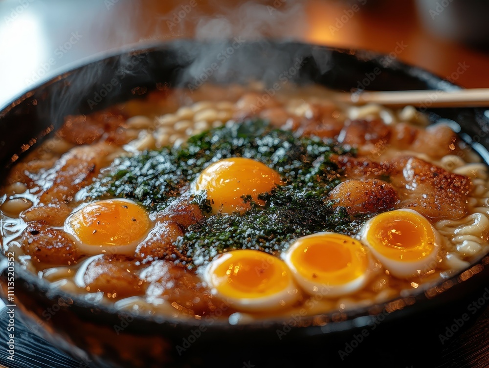 Ramen noodles, broth, close-up, steam rising, chopsticks, Asian cuisine, warm lighting Ramen noodles, broth, close-up, steam rising, chopsticks, Asian cuisine, warm lighting