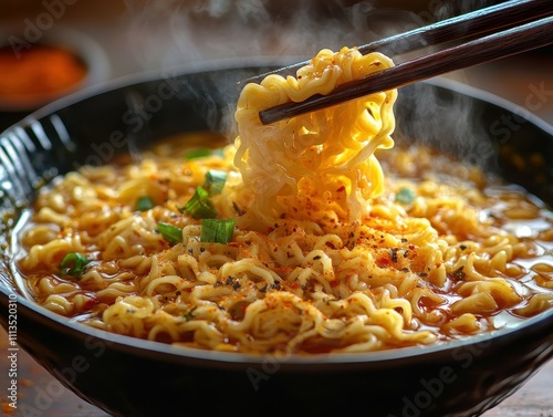 Steaming bowl ramen noodles chopsticks aromatic broth green onions spice warmth photo