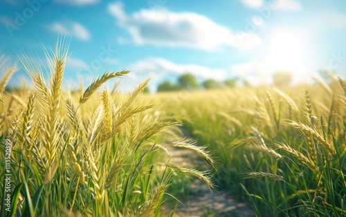 Sunlight Golden Stalks Wheat Field Under Sunny Bright Blue Sky