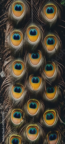 Close up View of Golden Peacock Feathers Arranged Vertically Pattern