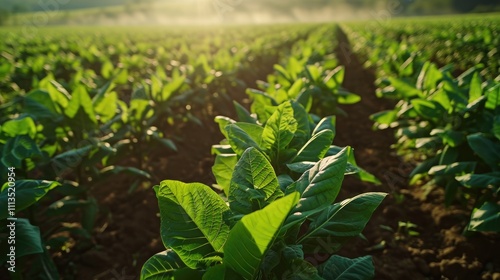 Lush Green Tobacco Plants Growing In A Field in Morning Sunlight