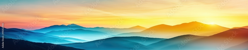 A beautiful mountain range with a bright sun in the sky