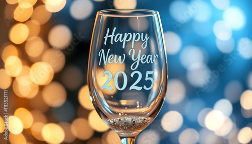 Clear wine glass etched with Happy New Year 2025, sparkling with glitter and surrounded by bokeh lights for a festive, celebratory vibe. Created with Generative AI photo