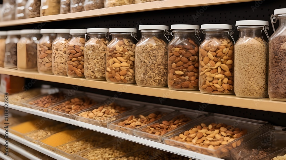 On the supermarket shelf are dried nuts. A range of nuts and seeds are on display in reusable food dispensers at the supermarket shop. Jars of dry food in organic containers on a shelf On the supermarket shelf are dried nuts. A range of nuts and seeds are on display in reusable food dispensers at the supermarket shop. Jars of dry food in organic containers on a shelf