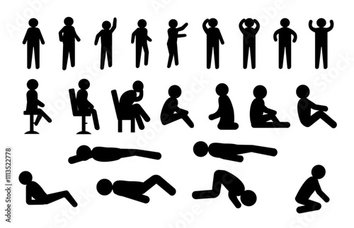 stick figure stickman people person pose posture squat sit lay bend down rest relax pictogram icons