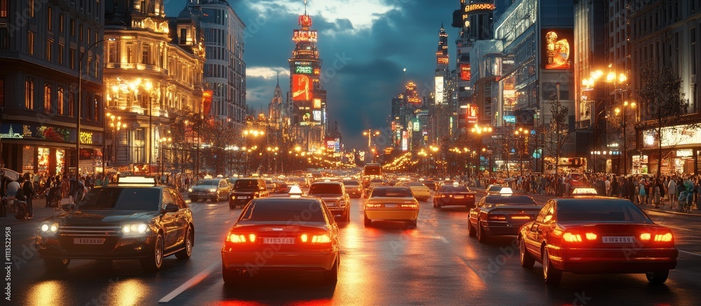 Naklejka premium Night traffic on a bustling city street, illuminated by bright lights and surrounded by grand buildings.