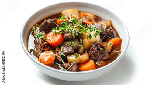 A bowl of stew with chunks of pumpkin, vegetables, and herbs. A rich, brown sauce.

 photo