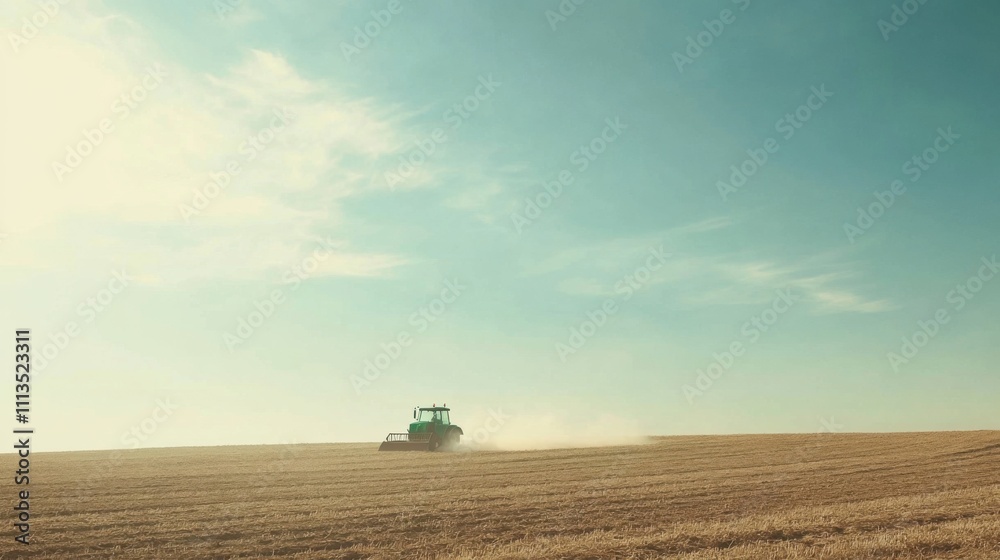 Agricultural tractor cultivating a golden wheat field under a bright blue sky with soft clouds, showcasing modern farming techniques and serene rural landscape