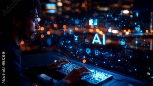 An analyst uses computers and dashboards with a digital hologram of 