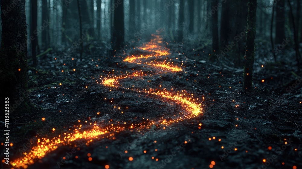 A dark forest with a glowing, fiery trail