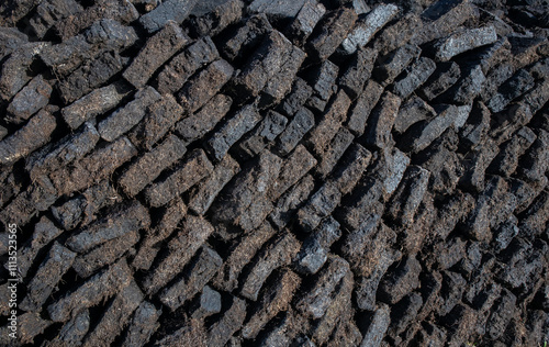 Pile of peat bricks used for fuel