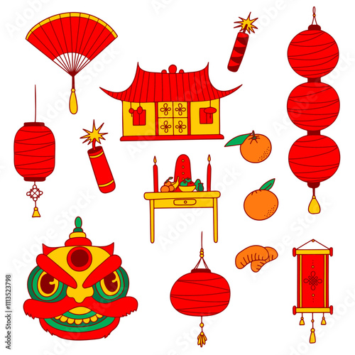 Lunar New Year Icon Set. Traditional Chinese celebration. Flat style design, simple color on a white background, hand drawn isolated objects. House, lion mask, red paper lanterns,oranges, firecrackers