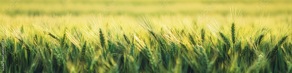 Fototapeta premium Lush green crop field under soft evening light.