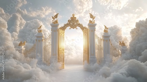 An ethereal gate to heaven, made of pure white light and golden accents, opening into a tranquil, heavenly space, surrounded by soft clouds and a white background