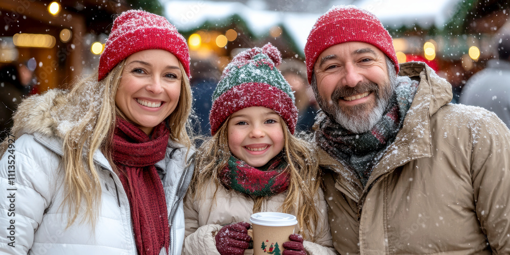  family at Christmas market. AI generative.