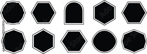 Set of black vintage label, badges shape. Polygonal elements with sharp and rounded edges ribbon banner collection. Black template for patch, insignias, overlay stickers.