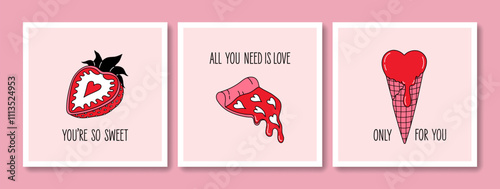 Hand drawn greeting cards set of Valentines Day and Love with typography. Vintage design with romantic elements and stickers. Vector doodle concept for print, banner, invitation, poster, flyer.