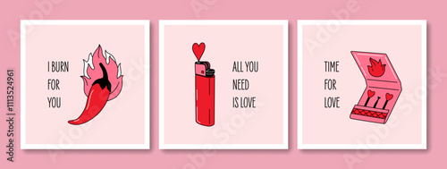 Hand drawn greeting cards set of Valentines Day and Love with typography. Vintage design with romantic elements and stickers. Vector doodle concept for print, banner, invitation, poster,flyer.