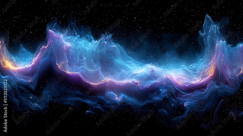 Abstract cosmic nebula with vibrant blue, purple, and orange hues, resembling celestial mountains against a dark starry background. Abstract cosmic nebula with vibrant blue, purple, and orange hues, resembling celestial mountains against a dark starry background.