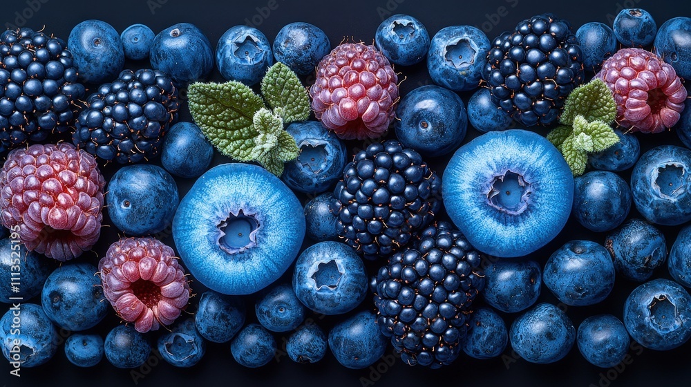 Vibrant assortment of blue and red berries with mint on dark background Vibrant assortment of blue and red berries with mint on dark background