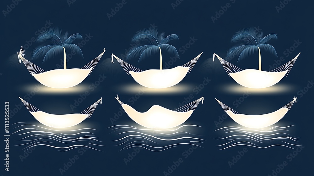 Six glowing hammock illustrations on water, each with a palm tree, depicting various states of relaxation. Six glowing hammock illustrations on water, each with a palm tree, depicting various states of relaxation.