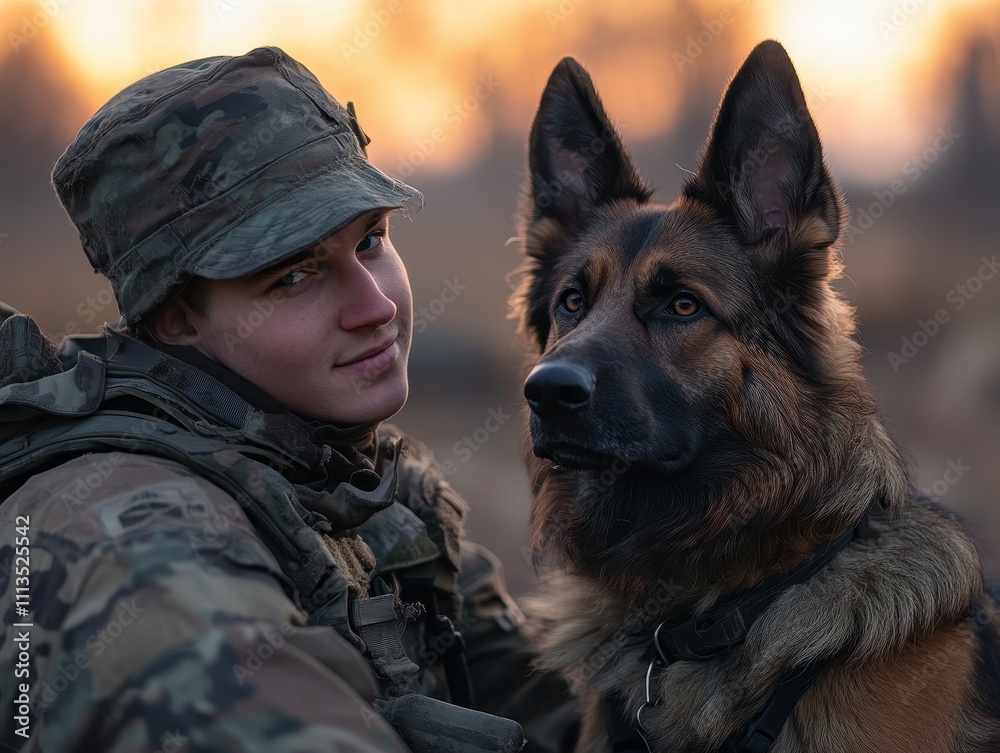Soldier and dog in snowy forest during military training, German shepherd loyal companionship