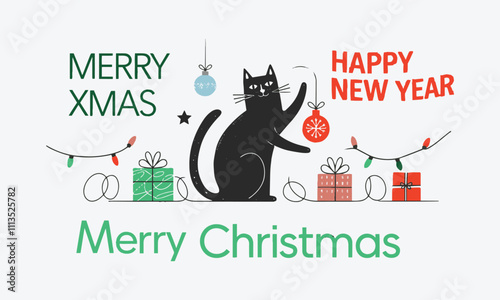 Christmas Holiday Vectors Starring a Charming Black Cat, easily editable.