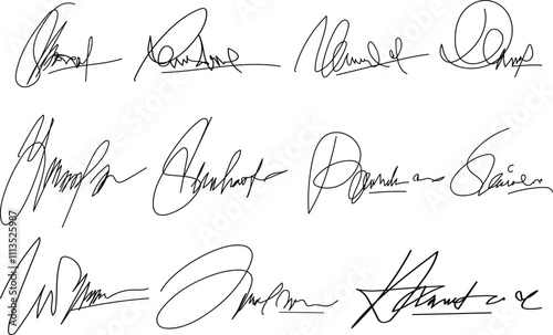 Set vector handwritten signature. Fake autograph in different handwriting. The document shows a set of handwritten signatures on a white background..eps