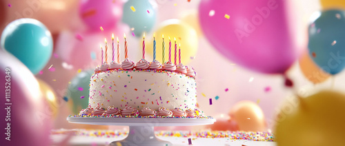 A festive birthday cake with candles, surrounded by colorful balloons.