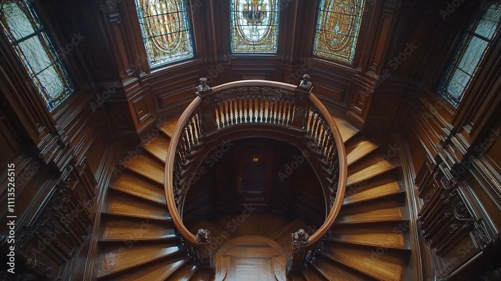 Fototapeta premium A grand wooden staircase with stained glass windows, showcasing intricate craftsmanship.