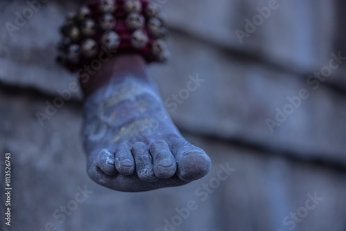 Shot of an human leg with ash painted on the leg during the masan holi celebration at varanasi.